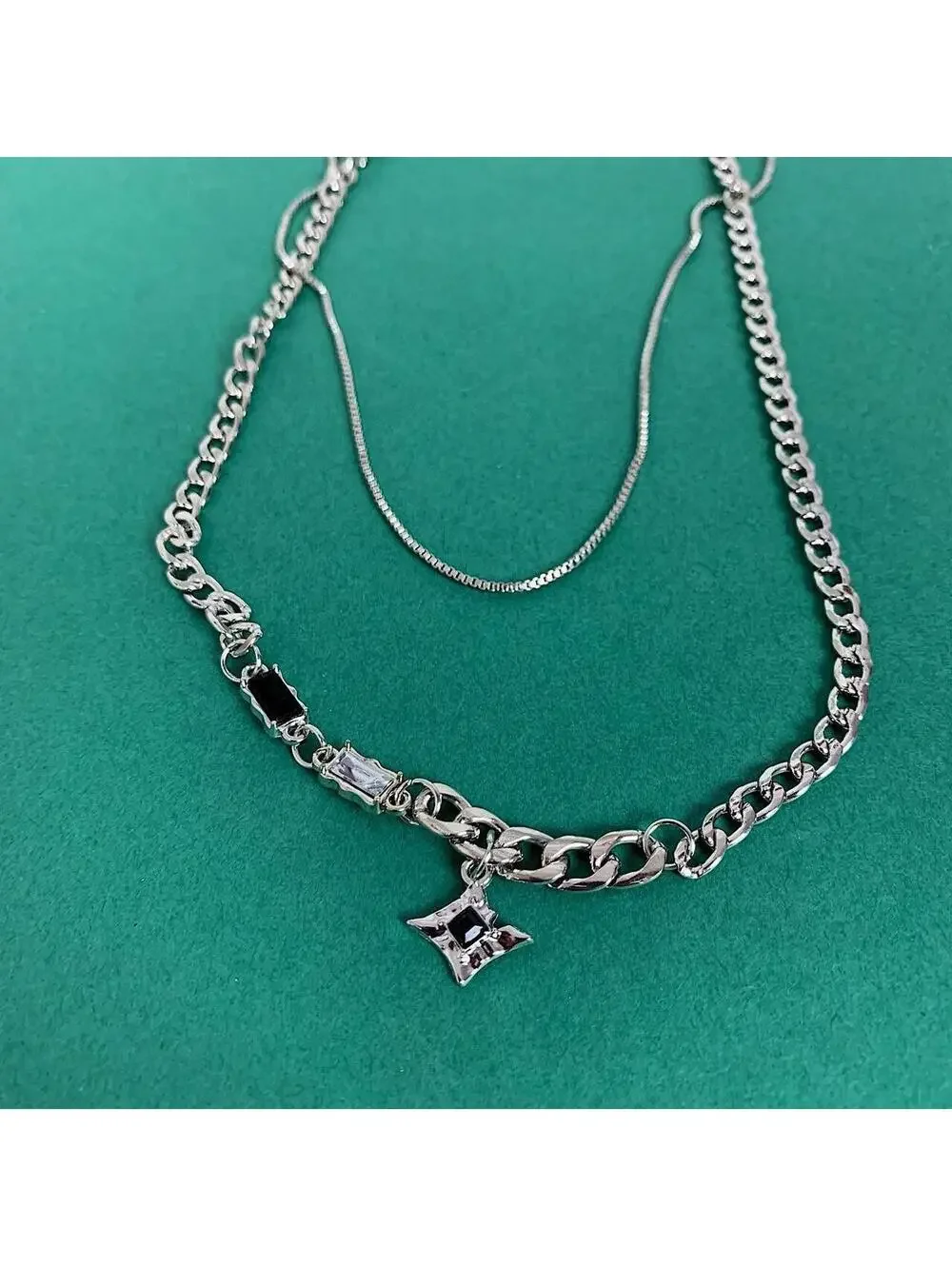 Y2k grunge cyber silver black opal star pendant Cuban link layered chain necklac